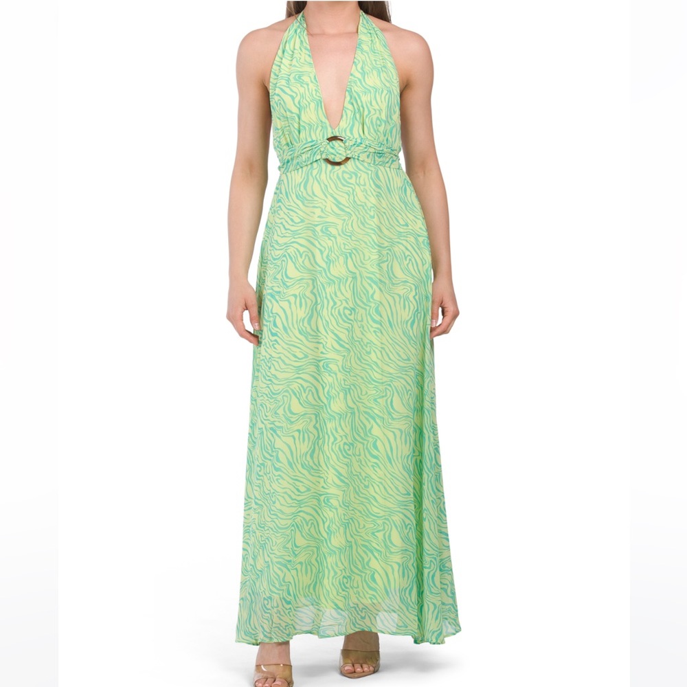 💕 NWT Love By Design Chiffon Belted Printed Halter Maxi Dress